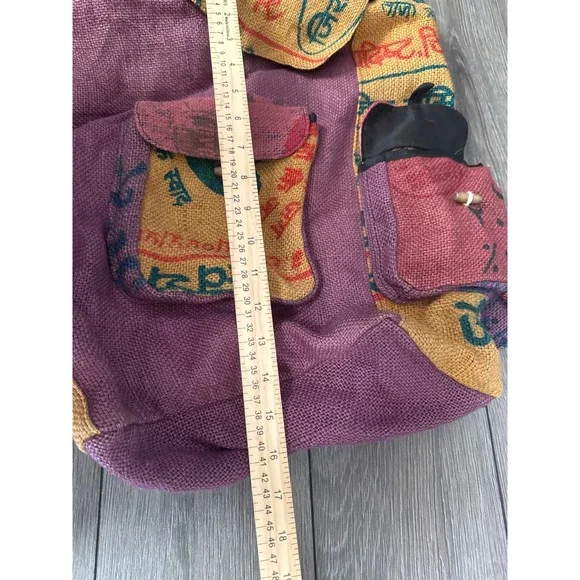 Kathmandu Burlap Backpack Boho  Upcycled Rice Sack Jute Multicolor Festival Bag - Picture 3 of 5